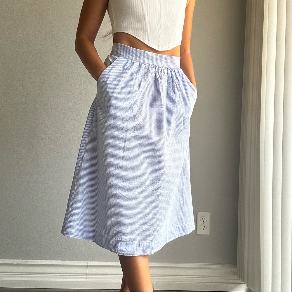 NWOT Mango Gingham 100% Cotton Midi A Line Skirt in Baby Blue w/ Pockets - Picture 2 of 13